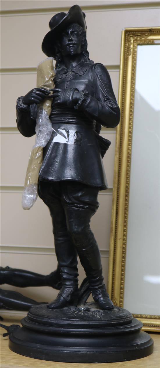 A pair of bronzed spelter cavalier figures 18in (a.f)